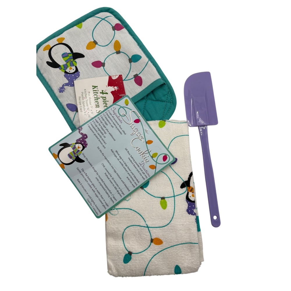 New Morgan Home Christmas Kitchen Set 4pc 2pk Gingerbread Penguin Towel Spatula - Picture 2 of 9